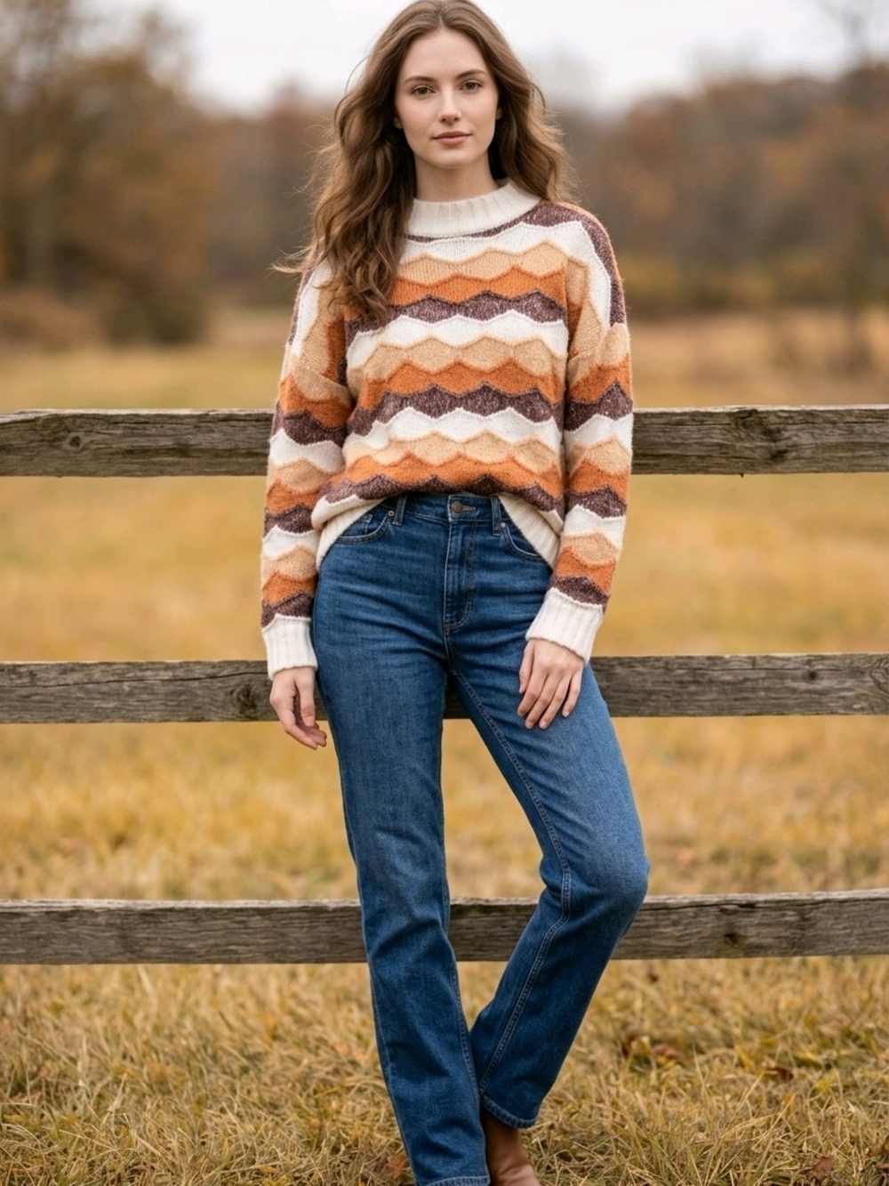 Staccato Woman's Lg Wavy Stripe Knit Sweater Boho Retro Fall Sweater